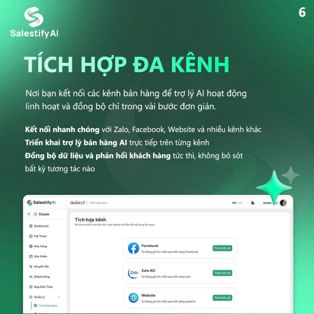 Salestify AI là phần mềm trợ lý bán hàng thông minh được phát triển dành riêng cho các cửa hàng bán hàng online. Salestify AI là phần mềm trợ lý bán hàng thông minh được phát triển dành riêng cho các cửa hàng bán hàng online.